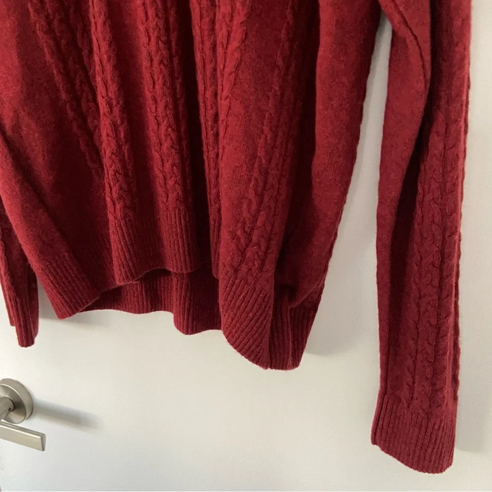 ARSLANLI DEEP RED/BURGUNDY V NECK CABLE KNIT WOOL BLEND SWEATER, LARGE - Picture 6 of 12